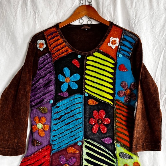 Rising International Hippie Boho Patchwork Shirt Women Medium Embroidered Flower - Picture 2 of 16